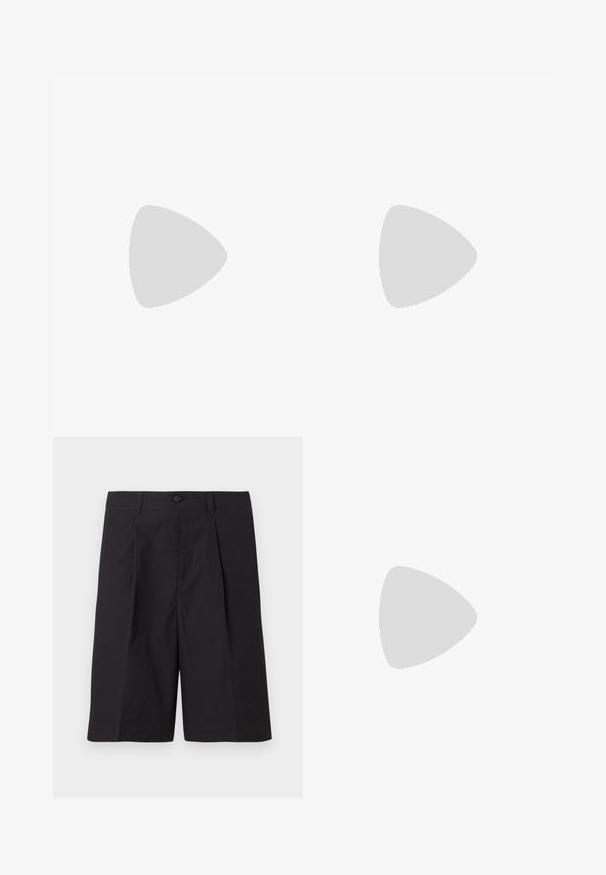 Polo shirt blanc à manches courtes arborant un petit motif géométrique, trois boutons sur le col et une coupe classique. Fabriqué en tissu respirant.; Shorts noirs ajustés en tissu léger, avec des plis, une fermeture à bouton et un ourlet droit. Texture lisse et sans motifs visibles.; Chaussures derby en cuir noir avec une texture lisse, bout rond, design à lacets et une semelle en caoutchouc épaisse et robuste.; Sac messager en nylon noir avec une sangle réglable, un design plat et une étiquette latérale arborant un logo. Texture lisse et style minimaliste.