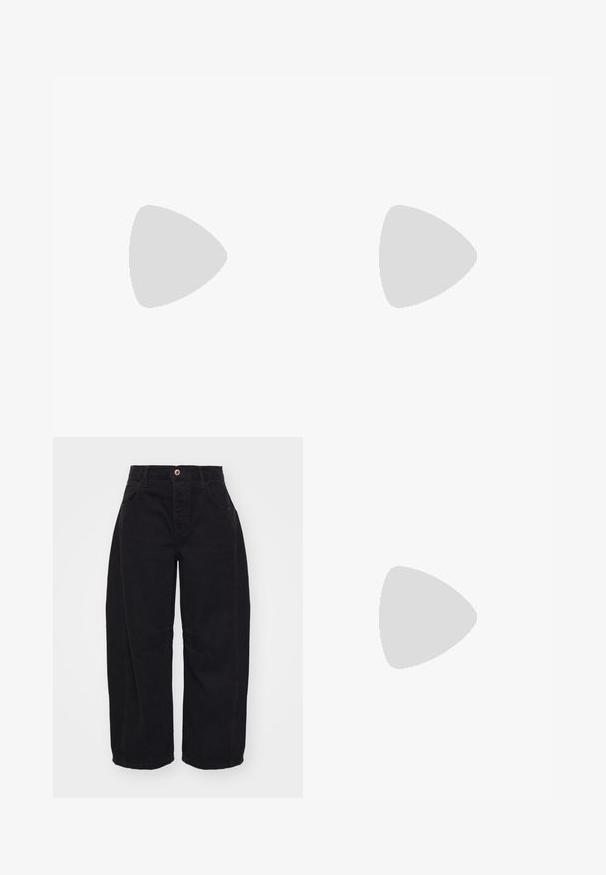 Valge puuvillane puff-sleeve pluus, millel on volditud kehaosa ja kaarjas kaelus. Pehme tekstuur ja sile viimistlus, voolav äär.; Free People GOOD LUCK MID RISE BARREL - Avar lõikega teksad - soundwave; Mustast nahast madal kontsaga king, millel on terav nina ja dekoratiivne pael pandlaga, mis on kaunistatud hõbedaste detailide ja väikeste lõigetega.; Mustast nahast ümmarguse kujuga käekott, kaunistatud hõbedaste naeladega, lühikese sangaga. Sile tekstuur ja tõmblukuga sulgemine.