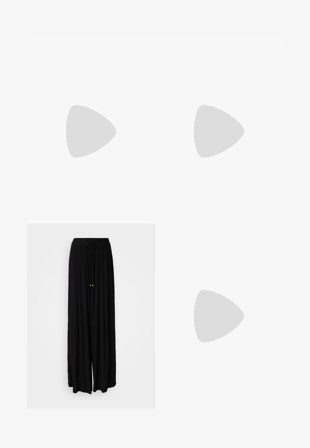 Débardeur côtelé vert clair sans manches avec un col rond, présenté sur un fond blanc uni.; Pantalons larges noirs en tissu fluide. Dotés d'une taille à cordon de serrage et de deux accents dorés. Design texturé avec des plis.; Chaussure slingback en cuir noir avec un bout pointu, deux boucles en argent et un petit talon carré. Présente un dessus texturé et un dos ouvert.; Even&Odd Sac à main - brown