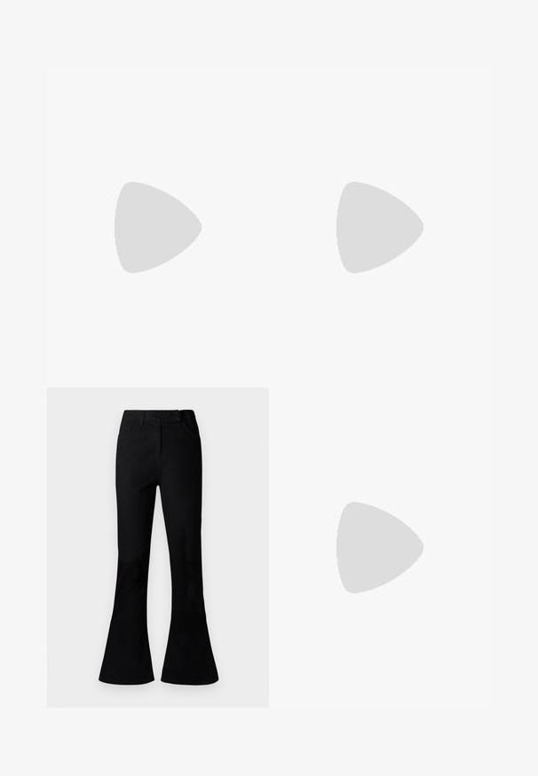 Top de tirantes de color rosa con cuello redondo y diseño sin mangas. La textura de la tela es suave y ajustada, con un dobladillo limpio.; Pantalones acampanados negros de cintura alta con bolsillos frontales, pasadores para cinturón y cierre de cremallera al frente, exhibidos sobre un fondo liso.; Bota vaquera de cuero blanco con punta afilada y tacón bloqueado. Presenta patrones de costura intrincados en el caña y una textura suave.; Bolso de mano de piel sintética negra con una textura suave, forma redondeada y una resistente correa de cuero negro para el hombro. Acentos de herrajes plateados visibles.
