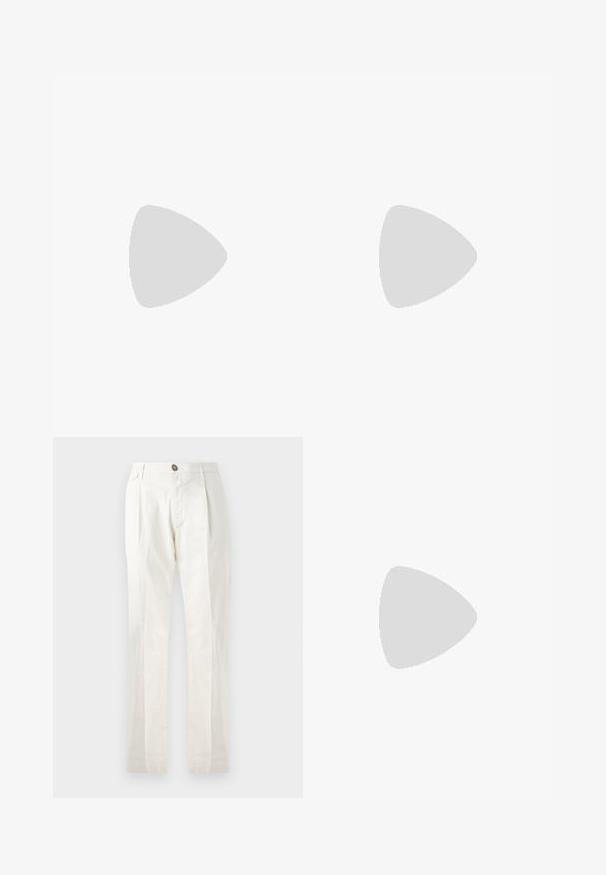 Valge polo särk krae, kahe nupuga ark ja vasakul rinnal peen kuusnurkne logo. Pehme, sile kangasteksuur.; Valged puuvillased püksid sirge säärega disainiga, varustatud nööpkinni ja kahe ees oleva taskuga, lisaks on ka voldid, mis annavad tekstuuri.; Halli tennised, mis on valmistatud seemisnahast ja võrgumaterjalist, madala lõikega ning tekstuursete detailidega, toonitooniliste paelte ja kummist tallaga.; Mustast nahast spordikott, millel on kaks ülemist käepidet, eemaldatav õlarihm ja väike "Hugo" logo keskel ülaosa tõmbluku lähedal.