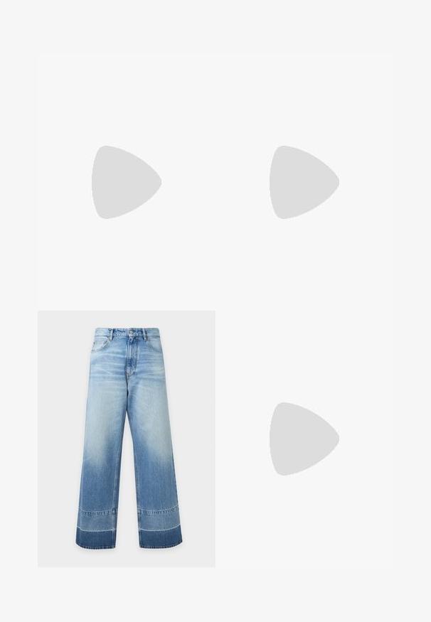 Sort polo-shirt lavet af bomuld, med en tre-knaps placket og et guld broderet logo på venstre bryst. Korte ærmer, klassisk pasform.; Vidde, lyseblå denimjeans med falmede detaljer og mørkere farveblokke nær kanten, foran knap og synlige lommer.; Beige lavtop sneaker med snørelukning foran, lyserød sål og grå hællap med mærket "Filling Pieces", vist i profil på ensfarvet baggrund.; Sort læderbælte med en stor sølv western-stil spænde, sammenrullet på en neutral baggrund.