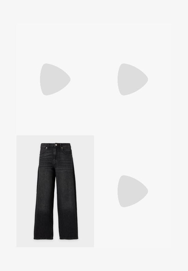 Schwarzes T-Shirt aus Baumwolle mit einem silbernen Paillettenstern-Design auf der Vorderseite. Kurze Ärmel und runder Ausschnitt.; Schwarze Jeans mit weitem Bein, hoher Taille, Knopf- und Reißverschluss, Vordertaschen und dezenten Ausbleichungen.; Schwarze Leder-Slingback-Pumps mit spitzem Zehenbereich und Blockabsatz. Glatte Textur, minimalistisches Design und verstellbarer Knöchelriemen.; Schwarze gewebte Hobo-Tasche mit weicher Struktur und integriertem Griff, dargestellt vor einem schlichten hellen Hintergrund.