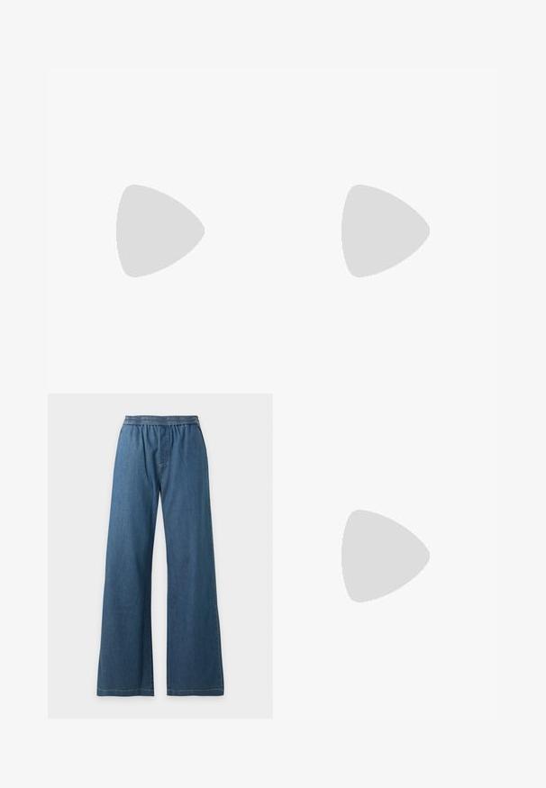 Tunique crème à manches longues en tissu doux. Elle présente un col rond et des manches bouffantes. Design simple, sans motifs ni éléments métalliques visibles.; Pantalon en denim bleu à jambes larges avec taille élastique et poches latérales, présenté sur un fond clair uni.; Chaussure femme couleur crème à bout pointu avec un petit talon rond en forme de boule, sur fond uni.; Sac à épaule en shearling beige avec une poignée incurvée et une forme arrondie. La texture est douce et pelucheuse, avec des accents matériels minimaux.