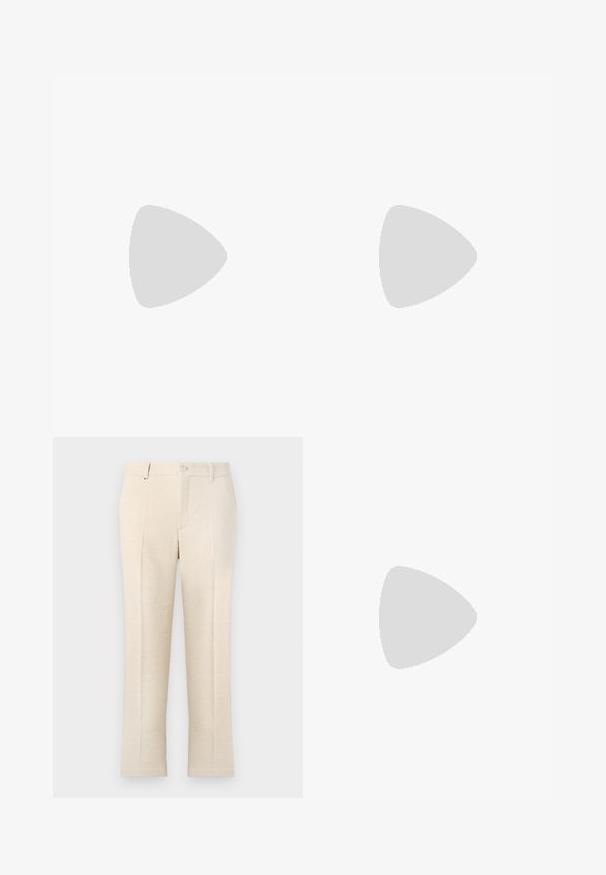 Polo shirt en bleu marine à côtes avec un plastron à deux boutons, des manches courtes et un col plat. Le tissu a une finition texturée et une silhouette ajustée.; Pantalons beige ajustés en tissu texturé, avec une fermeture éclair, deux poches avant, et une coupe slim droit.; Mocassins en daim bleu marine avec des détails cousus, une semelle en caoutchouc plate et un intérieur en cuir. Design minimaliste avec un logo discret sur le côté.; Sac bandoulière compact en tissu à motif noir et gris, poche zippée à l'avant, sangle noire réglable, et tirettes de fermeture éclair argentées.