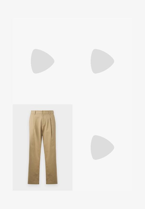 Camiseta de algodón amarillo claro con mangas cortas, cuello redondo y un pequeño logo púrpura en el lado izquierdo del pecho que presenta letras estilizadas y elementos de diseño.; Chinos beige con pierna recta, frente plisado y cierre de botón. Textura suave y diseño de cinturilla estándar.; Zapatilla blanca con acentos en negro y gris, que presenta una puntera texturizada en gris, suela de goma negra y cordones planos blancos. Diseño limpio, estilo minimalista.; Bolso tote de lona azul con bolsillo frontal y bordado rojo "O.N.S", con asas dobles y una correa ajustable para el hombro.