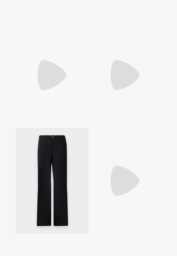 Blaues Langarm-Crop-Top mit tiefem V-Ausschnitt, gerafften Details an der Brust und leicht puffigen Ärmeln. Glatte, elastische Stoffqualität.; Schwarze Hose mit geradem Bein, ausgestattet mit einem goldenen Knopfverschluss und einem glatten, strukturierten Stoff. Keine sichtbaren Taschen oder Muster.; Even&Odd Sling-Ballerina - black; Kleine schwarze glänzende Handtasche mit zwei langen Griffen und seitlichen Kordelzug-Details vor einfachem hellem Hintergrund.