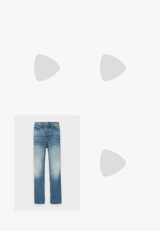 T-shirt bleu clair à manches courtes en coton. Présente un col rond et un petit logo sombre positionné sur la partie gauche de la poitrine.; Jean en denim bleu clair avec une finition délavée, coupe droite, conception à cinq poches et fermeture par bouton à la taille.; Mocassin pour homme en cuir noir avec un dessus embossé effet croco et un petit talon, présenté de profil sur un fond neutre.; Sac bandoulière en cuir noir texturé avec poche avant zippée et bandoulière large en tissu réglable sur fond blanc.