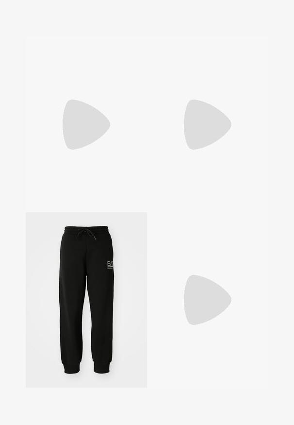 T-shirt en coton blanc avec un col rond, arborant un logo en strass doré "EA7 EMPORIO ARMANI" centré sur le devant.; Pantalon de jogging noir en mélange de coton doux, avec une taille élastique, un cordon de serrage et des poignets ajustés. Inclus un détail de logo à l'avant.; Baskets blanches basses avec semelle épaisse, texte doré « Armani Exchange » sur le côté, et logo « AX » embossé sur la zone du talon.; Boucles d'oreilles en forme de cerceau de couleur dorée avec une forme courbée et irrégulière et une texture lisse et polie. Aucun matériel ou accent visible.