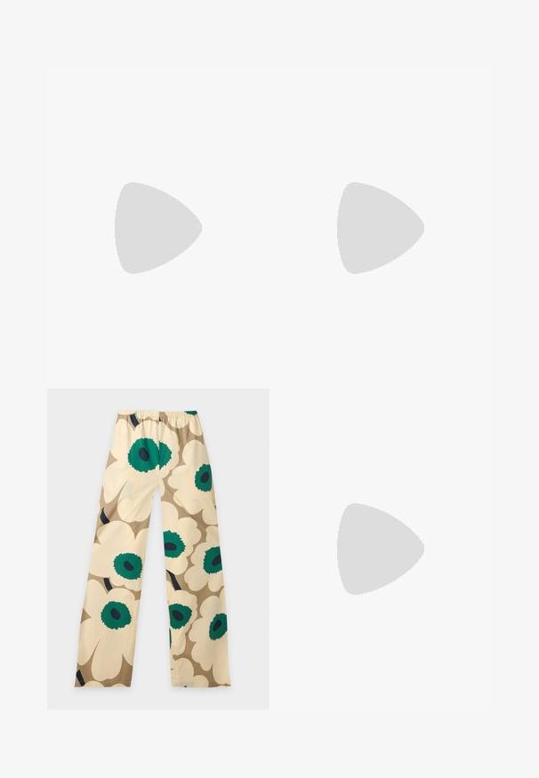White short-sleeve t-shirt with small colorful embroidered floral and leaf patterns scattered on the front.; Beige wide-leg pants with large floral print featuring cream petals and green centers, displayed on a plain light background.; Filippa K REY FLATS - Ballet pumps - bright red; Soft yellow leather clutch bag with gathered design and a detachable strap, set against a plain light background.