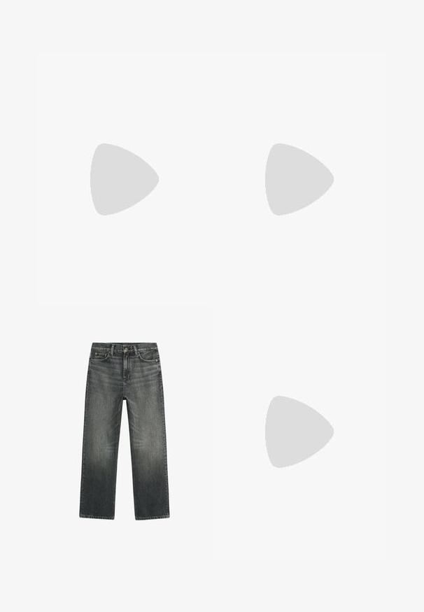 Veste zippée noire à manches longues avec col haut, fermeture éclair frontale sur toute la longueur et design ajusté.; Jean droit taille haute en denim noir délavé avec poches avant, passants de ceinture, fermeture par bouton et zip.; Basket en cuir noir avec des accents gris, des lacets et une semelle en caoutchouc. Présente un logo blanc bien visible et un design de tige texturée.; Lunettes de soleil noires avec une monture rectangulaire élégante et des verres bleus. Présente une texture lisse et des branches robustes. Logo de la marque sur le côté.