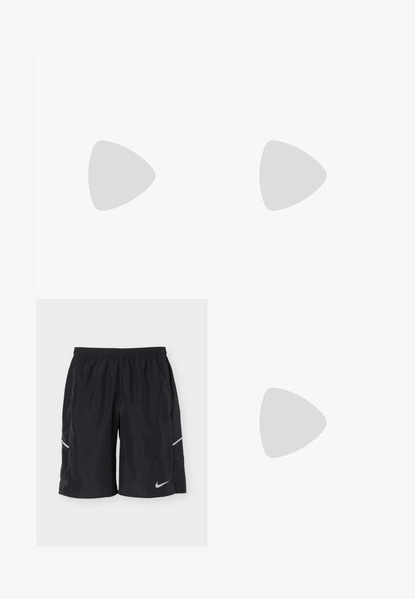 Beige mouwloze tanktop met donkergrijze schouderaccenten en zwarte zijpanelen. Gladde textuur met een ronde halslijn.; Zwarte atletische shorts met elastische tailleband en reflecterend Nike-logo op het onderste linkerbeen tegen een effen achtergrond.; Zwarte sportchoenen met een slank ontwerp, voorzien van een opvallend wit Nike-logo, textuur overlays en een onderscheidende gemodelleerde zool.; Omliggende sportzonnebril met een enkele donkergetinte lens en een dik gebogen grijs montuur, ontworpen voor gebruik buitenshuis.