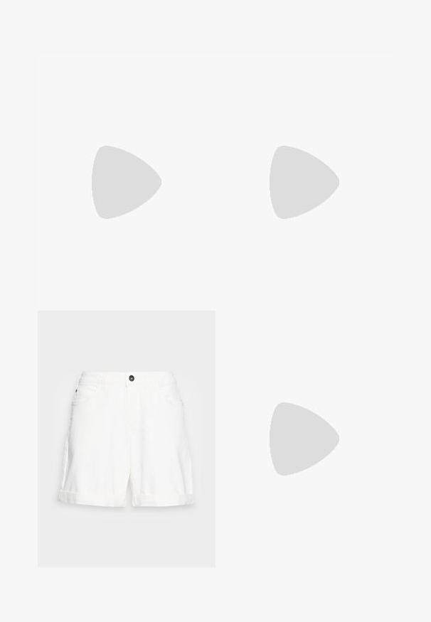 Camiseta blanca lisa de manga corta con cuello redondo, extendida y plana sobre un fondo blanco.; Shorts de mezclilla blanca con dobladillo doblado, diseño de cinco bolsillos y un botón negro en la cintura. Textura suave y corte casual.; Zapatilla blanca con un logo en V negro, con una parte superior de cuero liso, puntera redonda, cierre de cordones y una lengüeta en el talón de color negro en contraste.; Gafas de sol negras en forma de ojo de gato con un acabado mate, que presentan lentes ahumados grises, ángulos pronunciados y brazos laterales elegantes. Nombre de la marca visible en el interior del brazo.