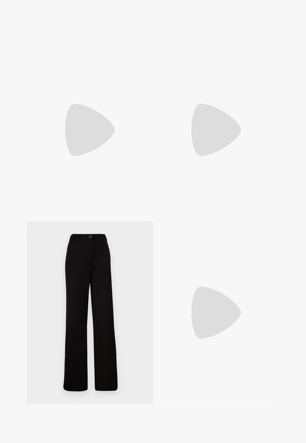 Zwarte tanktop met kanten kapmouwen. De kant heeft een golfrand en een ingewikkeld patroon, wat contrasteert met de ribgebreide stof van het lichaam.; Zwarte wijde broek met een platte front, knoopsluiting en gestructureerde tailleband. Gemaakt van een gladde stof met een taillerend ontwerp.; Simmi London DALA - Klassieke pumps - black; Kleine zwarte glanzende handtas met twee lange hengsels en zijkant trekkoord details op een effen lichte achtergrond.