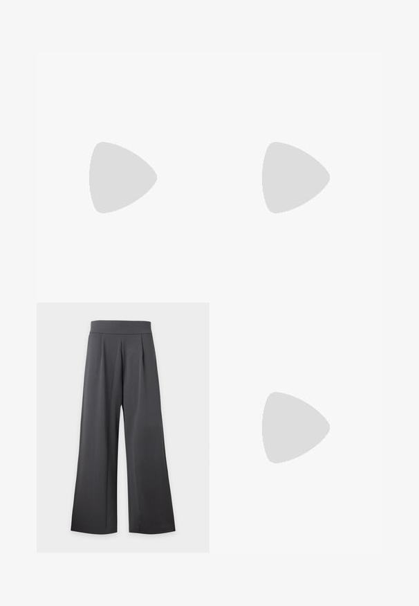 Hellgrünes Oberteil mit Spitzenärmeln, das florale Muster und Ausschnittdetails aufweist, und einen lässigen, aber stilvollen Entwurf präsentiert.; Hoch taillierte, weite dunkelgraue Hose mit vorderen Falten und einem glatten Bund, auf hellem Hintergrund dargestellt.; Schwarze Leder-Slingback-Pumps mit spitzem Zehenbereich und Blockabsatz. Glatte Textur, minimalistisches Design und verstellbarer Knöchelriemen.; Kleine schwarze glänzende Handtasche mit zwei langen Griffen und seitlichen Kordelzug-Details vor einfachem hellem Hintergrund.