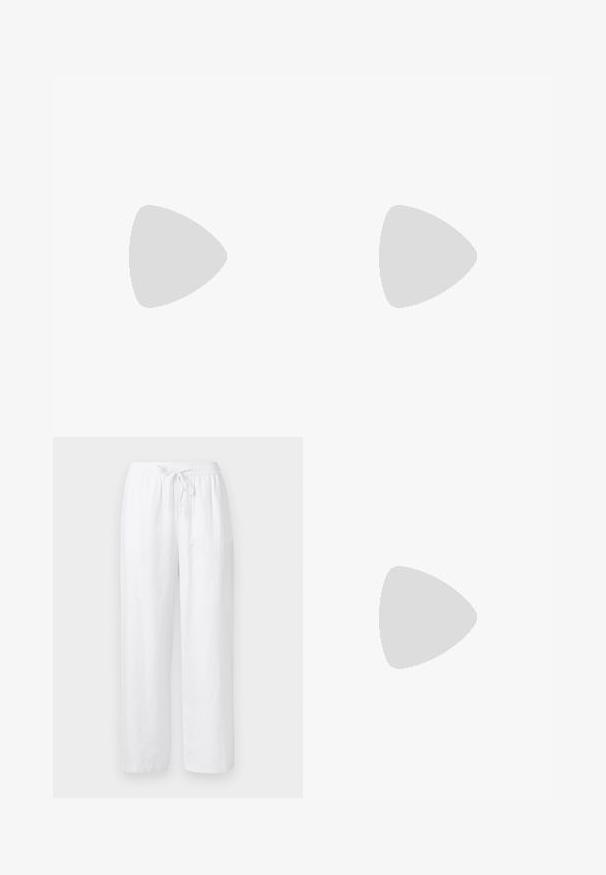 T-shirt en coton blanc avec un col rond, des manches courtes, une coupe décontractée et une texture lisse. Aucune motif ni accent visible.; Pantalon ample en mélange de lin blanc avec ceinture élastique et cordon à l'avant, coupe droite.; Chaussure plate en cuir verni noir avec un bout pointu, une sangle de cheville avec boucles, et une texture lisse et brillante. Talon bas pour le confort.; Une paire de lunettes de soleil rectangulaires avec des montures translucides bleu clair et des verres gris foncé, présentant des branches droites et des détails matériels minimaux.