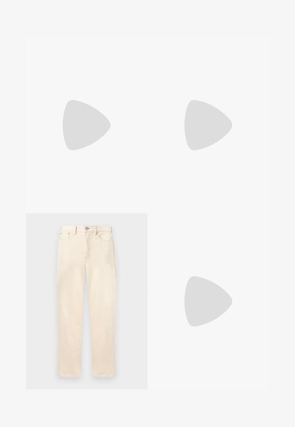 T-shirt bleu clair à manches courtes et col rond avec une petite étiquette de marque à l'intérieur du col, présenté sur un fond blanc uni.; Jean droit de couleur crème avec bouton et fermeture éclair à l'avant, poches avant et arrière, et passants pour ceinture, présenté sur un fond uni.; Mocassins en cuir marron avec un bout style mocassin, des coutures décoratives et un talon bas. Texture lisse avec un léger éclat.; Sac bandoulière en cuir marron foncé texturé avec une sangle réglable et un petit accent décoratif bleu sur le côté.