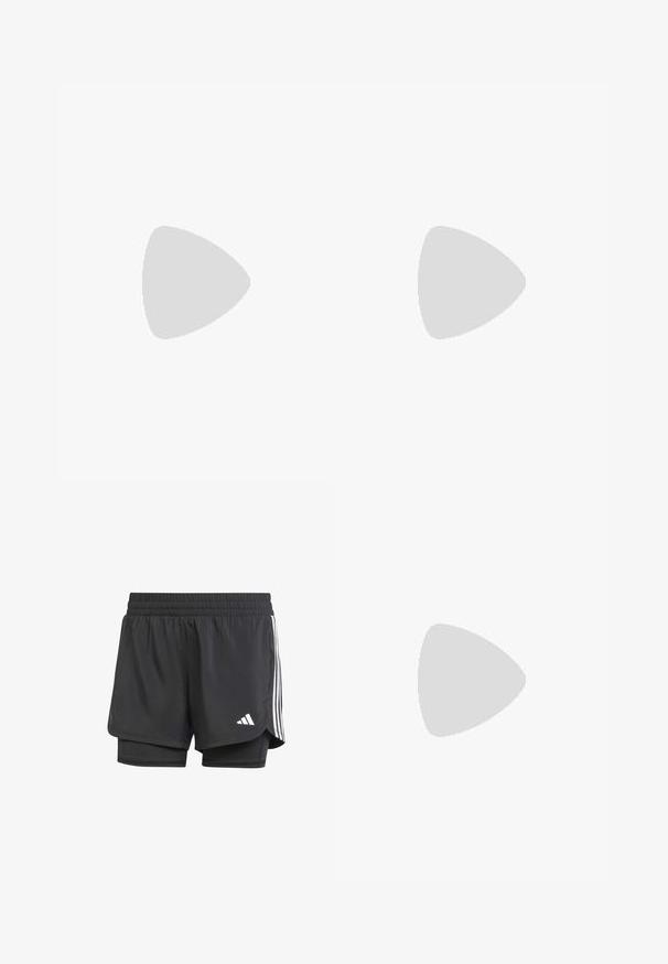 Sort kortærmet t-shirt lavet af blødt stof, med en hvid vandret accent på siden og et hvidt logo på brystet.; Sorte atletiske shorts med indre lag, elastisk talje og hvide tre striber på siderne, der har et lille hvidt logo. Glat tekstur.; Kremfarvet løbesko med taupe-striber, der svæver over en rødbrun flisebelagt overflade og en grå stenmurstensbaggrund.; Lyse lilla sportstaske lavet af skinnende materiale, med to håndtag, en aftagelig skulderrem og en frontlynlåslomme med logo.