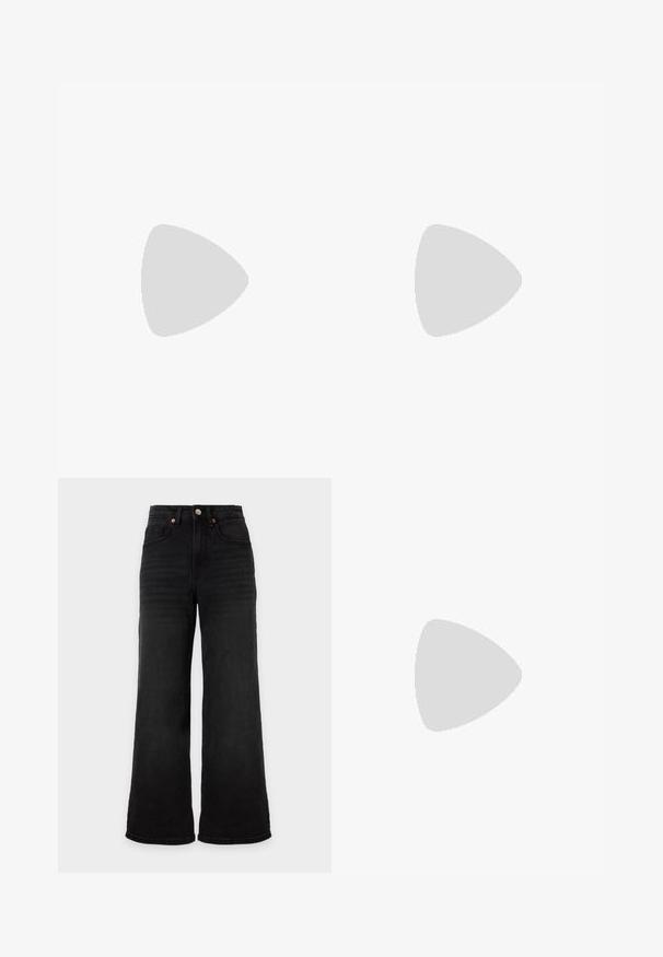 Vero Moda Petite VMDOFFY 2/4 O NECK - T-paita - little boy blue melange; Korkeavyötäröiset mustat leveälahkeiset farkut, joissa edessä taskut ja nappikiinnitys vaalealla yksivärisellä taustalla.; Jalat, joissa tummat ribbineuleiset leggingsit yhdistettynä mustiin balettitossuihin, joissa on pienet rusettikoristeet valkoisella taustalla.; Musta nahkainen käsilaukku, jossa kultainen solki ja niittiyksityiskohdat, lyhyet kahvat ja säädettävä olkahihna, valkoisella taustalla.
