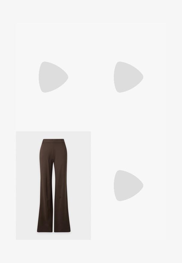 Top en velours marron avec des manches longues, décolleté en V et ceinture à nouer ajustable. Texture douce avec un léger éclat. Pas de motifs ni de matériel visible.; Pantalon marron taille haute avec jambes larges et passants pour ceinture, présenté à plat sur un fond clair.; Chaussure à talon haut pour femme en cuir verni noir avec bout pointu et talon fin sur fond clair uni.; Sac à main en cuir noir de forme arrondie, décoré de clous argentés et équipé d'une poignée courte. Texture lisse et fermeture éclair.