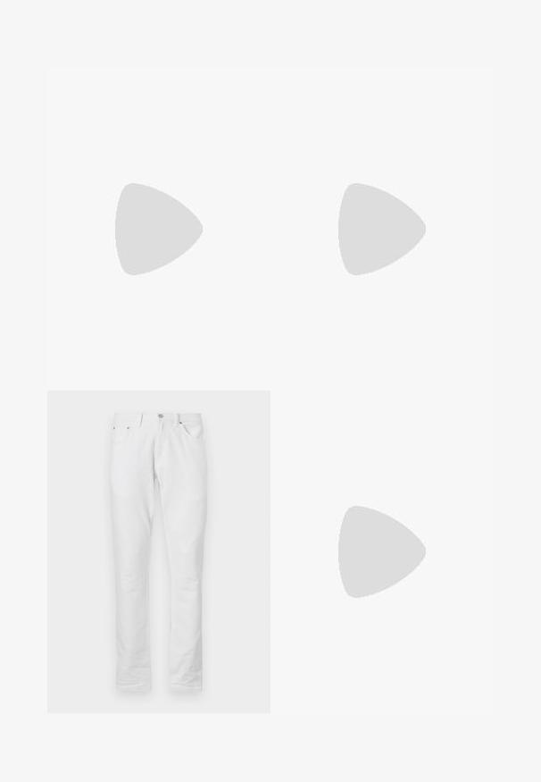 Polo beige avec un motif intégral de logo MK, patte de boutonnage à deux boutons, et accents rayés blancs sur le col et les manches.; Pantalon en denim blanc avec une coupe droite. Il comporte cinq poches, une fermeture frontale par bouton et une texture lisse et élégante.; Baskets en cuir blanc avec un bout rond, design simple à lacets, semelle intérieure rembourrée et semelle en caoutchouc beige contrastante. Texture lisse sur l'ensemble.; Petit sac bandoulière rectangulaire jaune moutarde avec poche zippée à l'avant et emblème logo argenté centré sur le panneau avant.