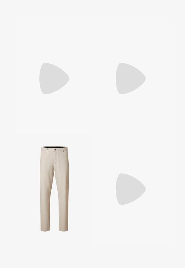 Camiseta polo blanca de algodón, con un cuello clásico, mangas cortas y una tapeta de tres botones con botones azul oscuro.; Pantalones beige de corte recto con trabillas para cinturón y un botón marrón en la cintura, cierre delantero con cremallera y sin bolsillos visibles.; Mocasines de cuero negro con punta redonda, costuras detalladas y un tacón cuadrado bajo. Textura suave y diseño minimalista.; Gafas de sol rectangulares negras con marco delgado de metal y lentes oscuros apoyadas sobre una superficie blanca.