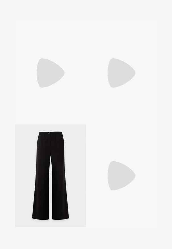 Geribbelde, kortarmige t-shirt in een levendige blauwe kleur. Heeft een ronde halslijn en een drieknoopsluiting aan de voorkant. Zacht, rekbaar materiaal.; Zwarte wijde broek met elastische tailleband en een enkele knoopsluiting aan de voorkant, getoond op een effen lichte achtergrond.; Zwarte lakleren slingback schoen met spitse neus en lage schuine blokhak op een effen lichte achtergrond.; Kleine zwarte glanzende handtas met twee lange hengsels en zijkant trekkoord details op een effen lichte achtergrond.