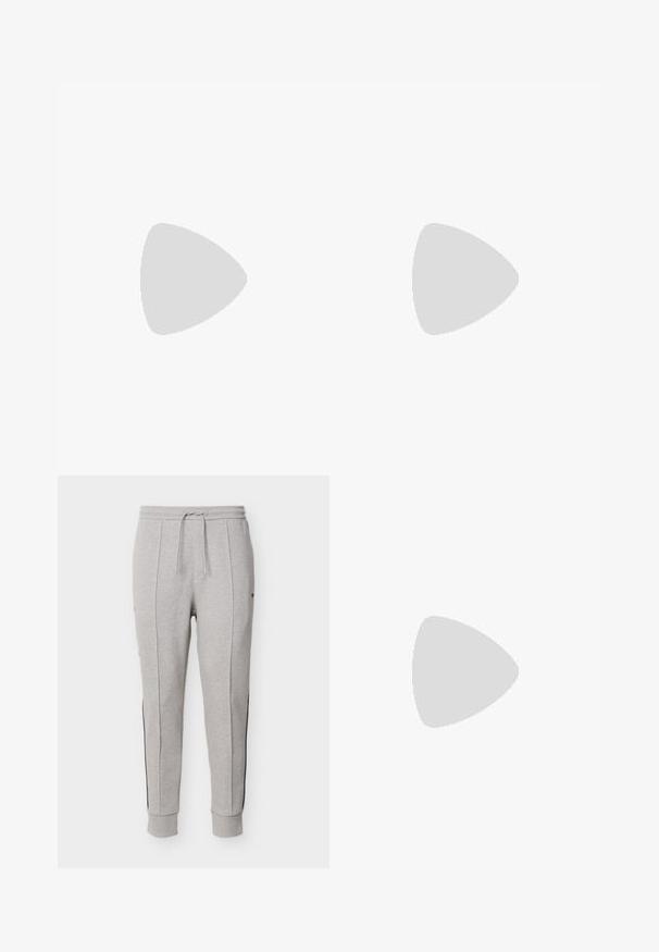 Must pikkade varrukatega t-särk ümmarguse kaelusega, vasakul rinnal väike "JOOP! JEANS" logo, esitatud valgel taustal.; Heledat hallid kitsenevad dressipüksid elastse vöökohaga, nööriga, küljetaskutega, vertikaalsete õmblustega ja soonikkoes ääristega pahkluudes.; Must nahast loafer halli rihma detailiga, madala kand ja tekstuurse tallaga, külgedel kuldse "HUGO" brändiga.; Mustmust nahkrist kott tekstuurse pinnaga, tõmblukuga esikott ja reguleeritav kangast rihm. Lihtne ruudukujuline disain.