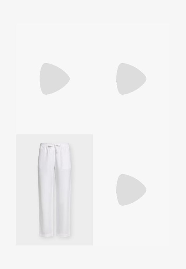Maillot de bain noir avec des découpes sur les côtés, des bretelles larges et un décolleté en V. Fabriqué en tissu lisse, il présente une étiquette de marque au dos.; Pantalon ample en lin blanc avec taille élastique et cordon à l'avant, jambes droites, présenté sur un fond clair.; Chaussure plate noire à bout pointu, en maille avec de grands pois argentés, et un petit nœud à l'avant. Tissu texturé.; Sac à main rayé vertical noir et blanc avec une seule bandoulière noire et une ouverture supérieure arrondie sur un fond uni.