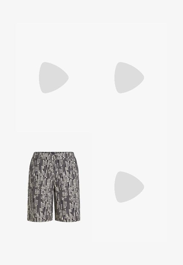 Schwarzes ärmelloses Tank-Top aus glattem Baumwollstoff, mit einem weißen "KARL"-Logo auf der linken Brust. Einfaches, gerades Design.; Schwarz-weiße Shorts mit wiederholtem Textmuster. Hergestellt aus Stoff mit glatter Textur. Standardbund mit Knopfverschluss.; Schwarze Sneaker mit einer wellenförmigen Textur und grauen Akzenten. Sie besitzen ein Schnürdesign und eine klobige, skulptierte Sohle. Die Markenkennzeichnung ist an der Seite sichtbar.; Schwarze Umhängetasche aus glattem Nylon. Verfügt über einen verstellbaren Riemen, eine vordere Reißverschlusstasche und ein weiß aufgedrucktes Logo. Rechteckige Form mit minimalistischem Design.