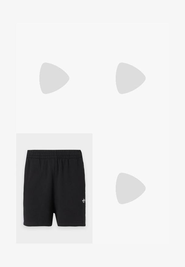 Roze T-shirt met korte mouwen van zacht materiaal, met een ronde halslijn en een losse fit met een subtiele gemêleerde textuur.; Zwarte sportbroekjes met elastische tailleband, klein wit Adidas trefoil-logo op het linkerbeen en witte strepen langs de zijkanten.; Zwarte suède sneaker met witte drie strepen, gouden logo en een bruine rubberen zool. Heeft een laag profiel vetersluiting ontwerp.; Zwarte glanzende leren handtas met twee handvatten, voorvak met rits, gespdetails en een polsbandje op een witte achtergrond.