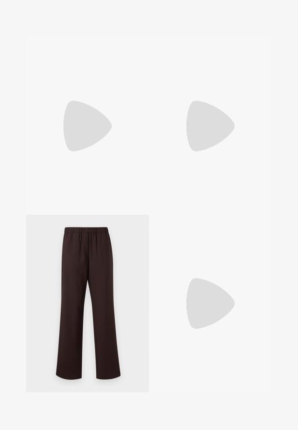 Bruine lange mouw turtleneck top gemaakt van zachte stof. Strak ontwerp met een hoge hals en naadloze mouwen. Geen zichtbare patronen of hardware.; Donkerbruine, rechte broek met elastische tailleband, gemaakt van gladde stof, weergegeven tegen een effen witte achtergrond.; Bordeauxrode lakleren slingback met puntige neus, dunne enkelband en kleine decoratieve gespsluiting. Gladde textuur en hoge hak.; Bordeaux leren handtas met een gebogen vorm, dubbele handvatten, ritssluiting en subtiele stiksels. Gladde, hoogglanzende afwerking.