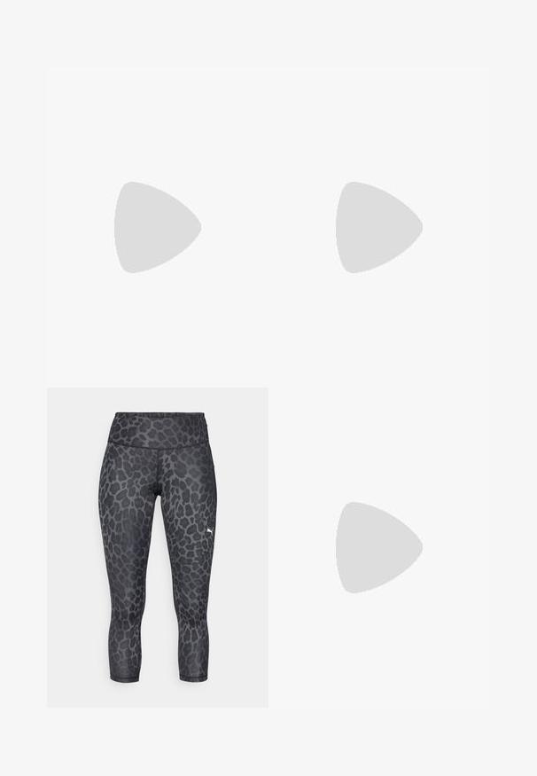 T-shirt sans manches noir en tissu doux, arborant un grand logo blanc "PUMA" et une silhouette de puma en train de sauter.; Leggings capri imprimé léopard noir et gris avec une taille haute et une texture lisse. Présente un petit logo blanc sur le côté.; Baskets légères avec un design beige et rose pâle, tige en maille, semelle rembourrée et accents de logo discrets sur le côté.; Sac tote noir Puma avec deux poignées, une bandoulière réglable, des poches latérales en mesh et un petit logo blanc Puma à l'avant.