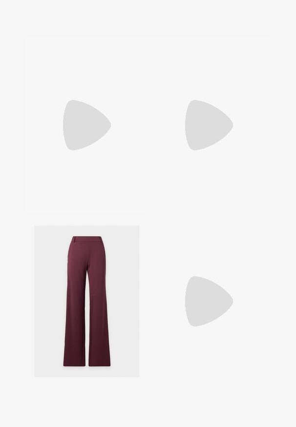 Γυναικεία εφαρμοστή μπλούζα με μακριά μανίκια σε σκούρο μωβ με στρογγυλή λαιμόκοψη σε απλό φωτεινό φόντο.; Γυναικείο παντελόνι ψηλόμεσο με φαρδιά μπατζάκια σε σκούρο μπορντό χρώμα, με θηλιές για ζώνη και χωρίς ορατές τσέπες.; Καφέ πατεντα δερμάτινη μπαλαρίνα με τετράγωνη μύτη και λουράκι που διαθέτει μια μικρή χρυσή πόρπη. Λείος υφή, χαμηλό τακούνι και μινιμαλιστικός σχεδιασμός.; Πλεκτή μπορντό τσάντα χειρός με στρογγυλή σιλουέτα, μία χειρολαβή και υφή. Κλείσιμο με φερμουάρ στο επάνω μέρος.