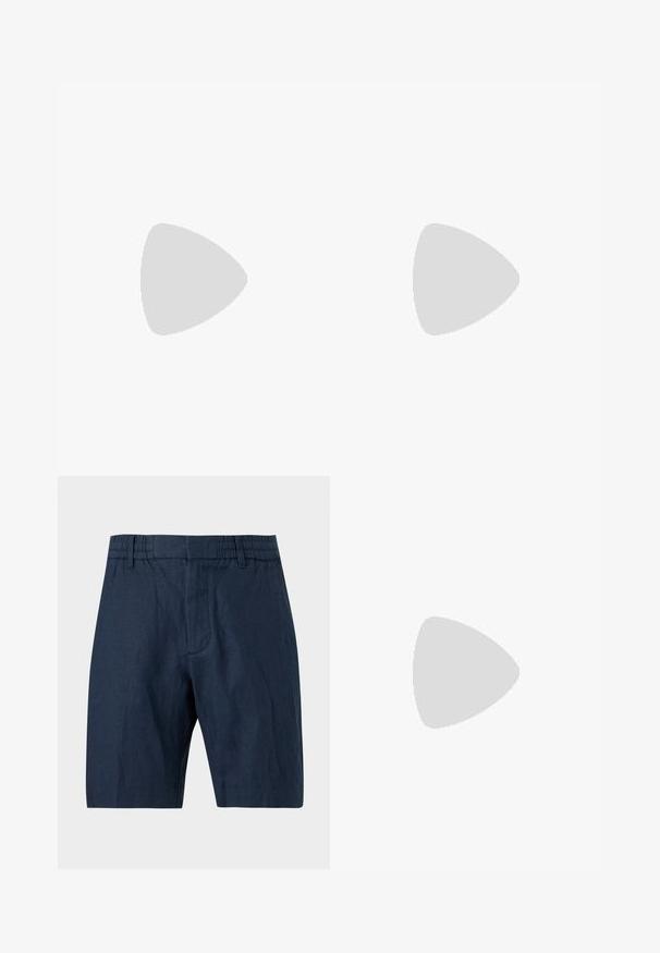 Polo à manches courtes couleur crème, avec un col en V, une texture lisse, des bordures côtelées aux manches, et un design minimaliste sans motifs.; Shorts bleu marine longueur genou avec taille élastique et passants pour ceinture, en tissu texturé, présentés sur un fond uni.; Baskets basses beiges en daim avec fermeture lacée et semelle épaisse en caoutchouc, vues de profil sur fond blanc uni.; Lunettes de soleil rectangulaires noires avec des verres teintés foncés et des branches épaisses, reposant sur une surface grise claire.