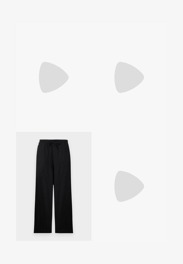 Sort bomulds cropped t-shirt med rund hals, korte ærmer og en grøn label detalje ved halsudskæringen. Glat, blød tekstur.; Sorte vidde bukser med elastisk talje og snøre, fladt frontstykke og lige snit hængende mod hvid baggrund.; Sorte læder slingback hæle med spids tå, slank justerbar rem og en stiletto hæl på cirka 5 cm, glat tekstur.; Sort taske lavet af blankt, tekstureret materiale med et cirkulært, snoet håndtag og lynlås. Har et blødt, rynket design.