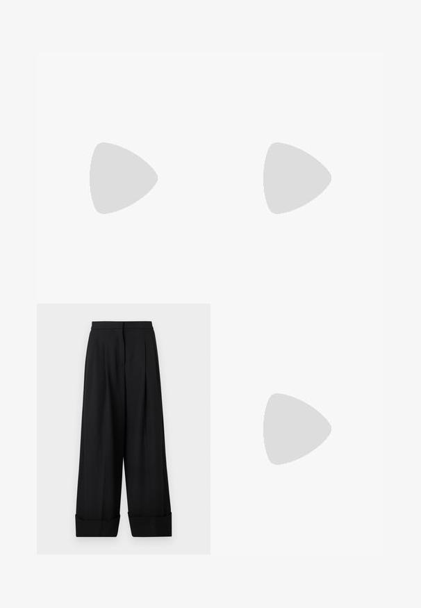 T-shirt blanc à manches courtes et col rond avec texte embossé "HUGO" et logo "Hugo" calligraphié sur la poitrine.; Pantalon noir à jambes larges avec taille haute, plis sur le devant et larges revers à l’ourlet, présenté sur un fond neutre.; Botte de cheville en cuir noir avec un bout pointu, un talon carré et une sangle avec un détail de logo métallique. Texture lisse et design minimaliste.; Sac à épaule en cuir rouge avec fermeture éclair dorée et sangle réglable, logo Calvin Klein centré à l'avant.