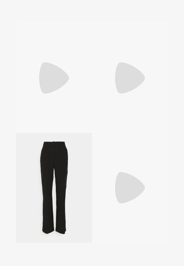 Top negro de manga larga con intrincados bordados blancos en el frontal, con cuello redondo y silueta ajustada. Textura de tela suave.; Vero Moda Tall VMZELDA STRAIGHT PANT - Pantalones cargo - black; Zapatilla de running blanca y beige con detalles azules, parte superior de malla, suela acolchada y diseño con cordones, mostrada desde el lado exterior.; Pendientes de aro de plata con un charm de cruz y corazón. Textura suave y brillante con un acabado pulido. Cada charm cuelga de un lazo seguro.