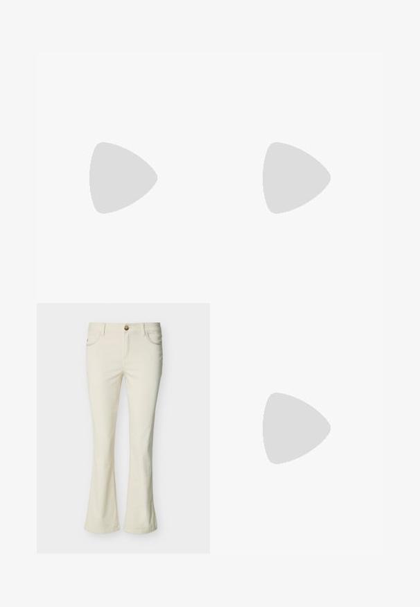 Džinsist corset, mille reguleeritavad rihmad, helesinine pesu, struktureeritud tassid, laienev äär ja külgmised lõhenemised, mis loovad sihvaka silueti.; Kreemikas naiste bootcut teksad ees oleva nööbi, luku ja ees taskutega valgel taustal.; Pruunist nahast slingback kingad terava ninaga, kahe kitsas rihmaga ja madala kontsaga. Sile tekstuur poleeritud viimistlusega.; Kompaktne pruun nahast ristihoidmisega käekott, millel on topelt hõbedane lukk ja reguleeritav rihm, esiküljel Emporio Armani logo.