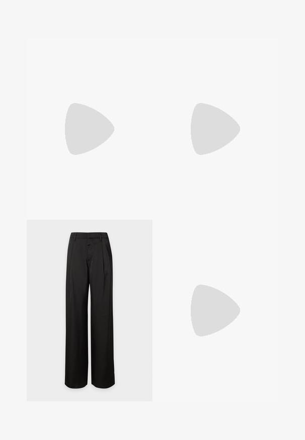 Body noir sans manches avec encolure en V et détail froncé aux épaules, étiqueté "Anna Field", sur fond blanc.; Pantalon noir taille haute à jambes larges avec passants de ceinture et plis devant, présenté sur un fond clair uni.; Chaussure à talon noire à bout pointu et bride arrière, avec un petit nœud, reposant sur un revêtement en cuir argenté brillant matelassé.; Sac à main noir avec texture crocodile, bord supérieur froncé, poignée plissée et pompons à cordon de chaque côté sur fond blanc.