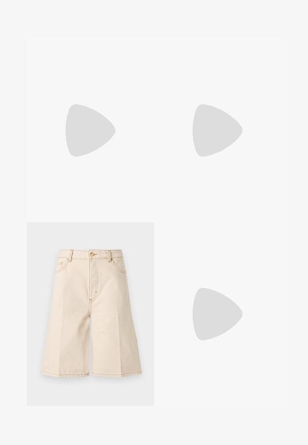 T-shirt bleu clair à manches courtes avec col rond et logo "HUGO" en relief subtil centré sous le col, ainsi qu'une étiquette intérieure rouge.; Shorts en denim beige taille haute longueur au genou avec bouton et fermeture éclair à l'avant, passants pour ceinture, ainsi que poches latérales et poche monnaie.; Des chaussures plates de couleur crème avec un bout arrondi, une sangle à la cheville et une semelle en caoutchouc noir contrastante. Matériau lisse avec un detailing minimal.; Paire de boucles d'oreilles créoles en bouclettes dorées brillantes sur fond blanc uni, présentant un design torsadé entrelacé.