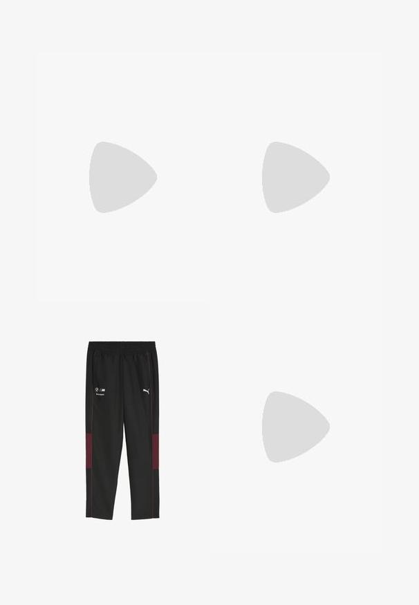 Sort Puma sportstrøje med korte ærmer, hvidt logo, røde detaljer langs skuldrene og v-udskæring. Fremstillet af letvægtsmateriale.; Sorte træningsbukser med elastisk talje. Udstyret med bordeauxfarvede sidelister og logos: BMW Motorsport og Puma i hvid. Glat tekstur.; Hvid fodboldstøvle med sort stribe, støbte knopper, snørebånd og en velcro-tungeklap med gyldne logoer.; Sølvtonet kæde halskæde med to hundetags-vedhæng, det ene med en sort kant og tekstureret overflade, det andet glat og metallisk.