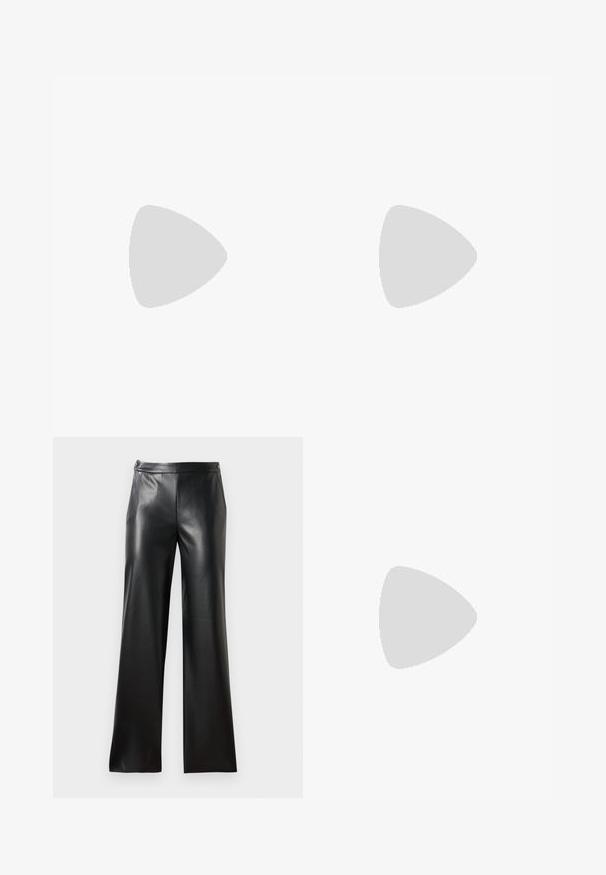 Hvid langærmet ribbet top med henley-krave, der har tre knapper. Glat tekstur og tætsiddende design.; Sorte læder bredbenede bukser med en glat tekstur, forlommer og lynlås lukning. Har et rent, minimalistisk design.; Sorte læder slingback stiletto med spids tå, side spændebånd, nitter langs kanten og dekorativ snøring foran.; Bordeaux håndtaske lavet af glansfuldt materiale, rektangulær form, med to skulderremme og subtile buede detaljer på forsiden.