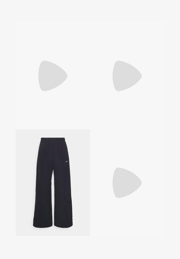 Camiseta blanca con ribetes dorados, que presenta un logotipo de swoosh de Nike en cuadros rojos, el texto "NIKE AIR" y una pequeña etiqueta naranja de Nike en el dobladillo.; Pantalones de pierna ancha negros con una cintura elástica y un pequeño logo blanco de Nike. La tela tiene una textura suave, diseñada para la comodidad y el uso casual.; Zapatilla deportiva negra Nike con logo Swoosh plateado, parte superior de malla y material sintético, y suela acolchada segmentada distintiva.; Bolso tote de nailon negro con diseño de cintas horizontales, asas dobles y dos acentos decorativos de hardware. Pequeño logotipo en la parte frontal.