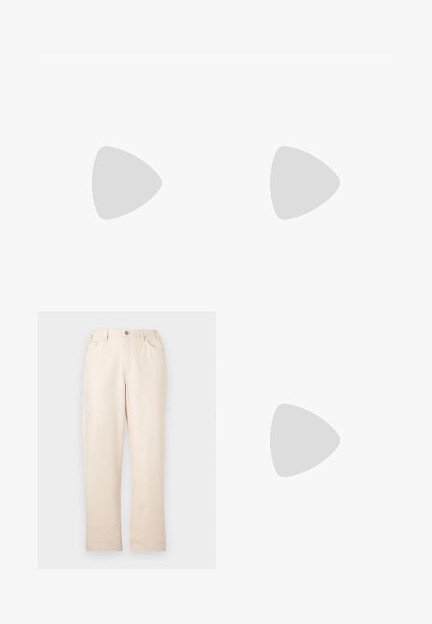 Top sin mangas en color beige con acentos de hombro en gris oscuro y paneles laterales en negro. Textura suave con un escote redondeado.; Pantalones beige de corte recto con cierre de botón, trabillas para cinturón, dos bolsillos delanteros y un pequeño bolsillo para monedas sobre un fondo blanco.; Zapatilla deportiva de cuero blanco con detalles en negro, punta redondeada y detalles perforados. Suela de goma negra con patrón texturizado y cierre de cordones.; Bolso tote de tela marrón con una textura suave, correa negra ajustable y bolsillo lateral. Cuenta con una pequeña etiqueta de logo en la parte delantera.