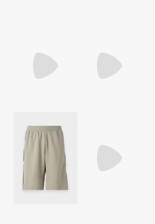 Polo noir en coton, doté d'un col à deux boutons, avec des accents rayés blancs sur les manches et un logo sur la poitrine.; Shorts gris clair jusqu'aux genoux en tissu doux, avec une bande noire de chaque côté et une taille élastique pour le confort.; Baskets en cuir blanc avec un embout arrondi, une semelle plate et un laçage à l'avant. Présentent des détails de couture et un col rembourré pour plus de confort.; Sac bandoulière rectangulaire noir avec emblème du logo de la marque argenté et sangle réglable sur fond clair.