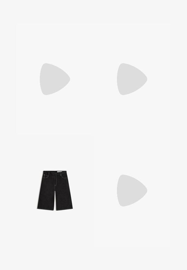 Polo bleu clair avec un col côtelé marron comportant des rayures blanches, deux boutons marron et un petit logo sur l'ourlet avant.; Shorts en denim noir longueur genou avec poches avant, fermeture par bouton et coutures blanches apparentes, étalés à plat sur un fond blanc.; Chaussure en cuir noir à lacets avec semelle épaisse en caoutchouc et couture moc toe, vue de profil gauche sur fond clair uni.; Lunettes de soleil ovales noires avec des verres teintés foncés et une épaisse monture brillante, montrées de face sur un fond blanc.