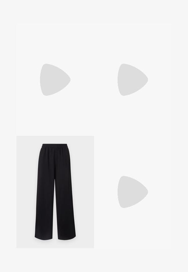 Lyserød kortærmet sweater med rund halsudskæring, ribbede manchetter og en blød tekstur, med subtile puffdetaljer på skuldrene.; Sorte brede bukser med elastisk talje, lavet af et glat, let stof. Har et flydende design uden synlige mønstre.; Even&Odd by Zalando Slingback-ballerinasko - black; Sort læderhåndtaske med en rundet form, dekoreret med sølvnitter, og et kort håndtag. Glat tekstur og lynlåslukning.