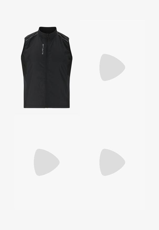 Zwarte mouwloze vest met een ritssluiting aan de voorkant, gemaakt van lichtgewicht materiaal. Beschikt over mesh zijpanelen en zilveren accenten. 'ELITE LAB' logo zichtbaar.; Zwarte lange-mouwen sportshirt gemaakt van glad, rekbaar materiaal. Kenmerkt zich door glanzende zwarte accenten op de schouders en een Adidas-logo op de borst.; Vaude MENS MATERA WARM  - Lange fietsbroek met bandjes - black; Zwarte sportschoenen met een bovenwerk van mesh en synthetische accenten. Voorzien van een gestructureerde zool en een afgeronde neus, met elastische veters en een trekkoordje.