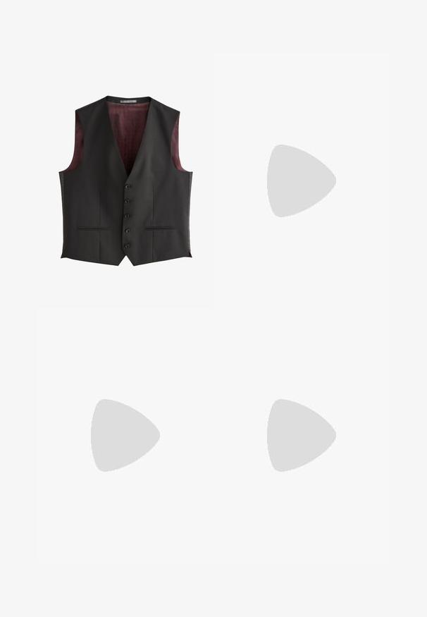 Zwarte formele gilet met vier knopen en twee steekzakken, met een bordeaux patroonvoering.; Donkergrijze gebreide trui met een ronde hals, geribde manchetten en zoom. De stof heeft een soepele textuur en heeft een ontspannen pasvorm.; Vans Relaxed fit jeans - dark blue; Bruine suède bootschoen met twee lederen veters accenten, ronde neus en rubberen zool met duidelijk profiel voor grip.